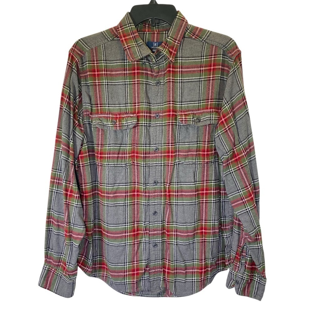 GEORGE Men's Size Large Red Gray Green Plaid flannel button up long sleeve shirt